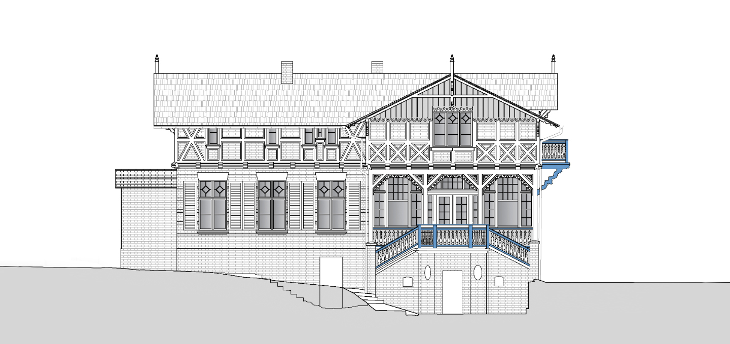 Detailgenaue Zeichnung einer Gebäudefront einer Villa in Stralsund.